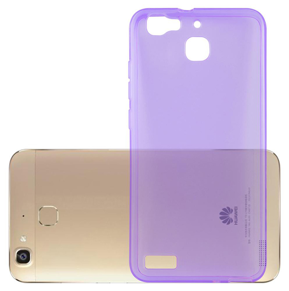Una funda morada cubre un teléfono dorado. La funda es transparente con un logotipo de Huawei.