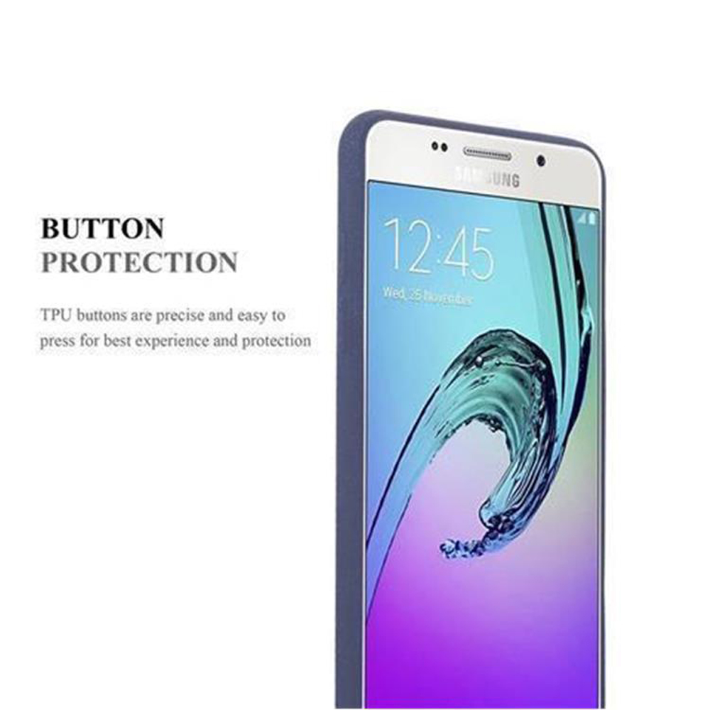 Teléfono con funda azul y texto de protección de botones. La pantalla muestra la hora 12:45.