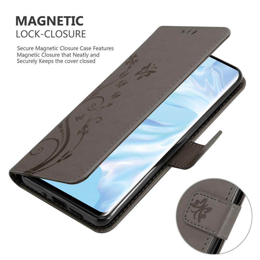 Custodia grigia, telefono dentro, chiusura magnetica, design floreale.