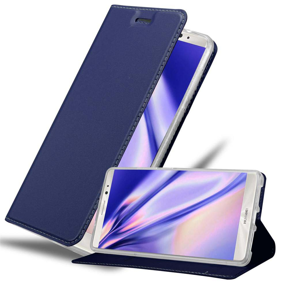 Una funda azul para teléfono con un teléfono blanco dentro. El teléfono está abierto y la pantalla es visible.