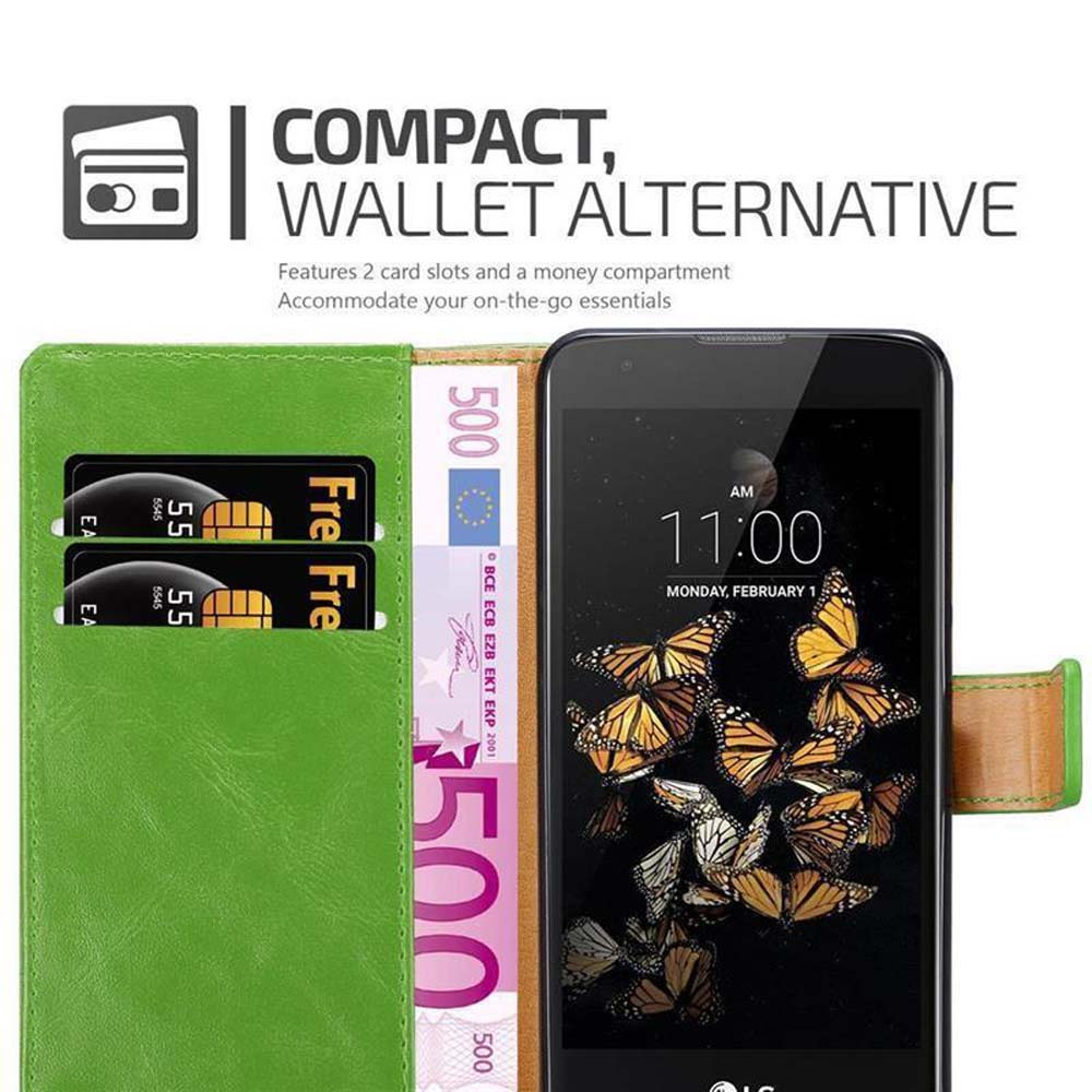 Funda tipo cartera verde con dos ranuras para tarjetas y un compartimento para dinero. Teléfono muestra mariposas a las 11:00.