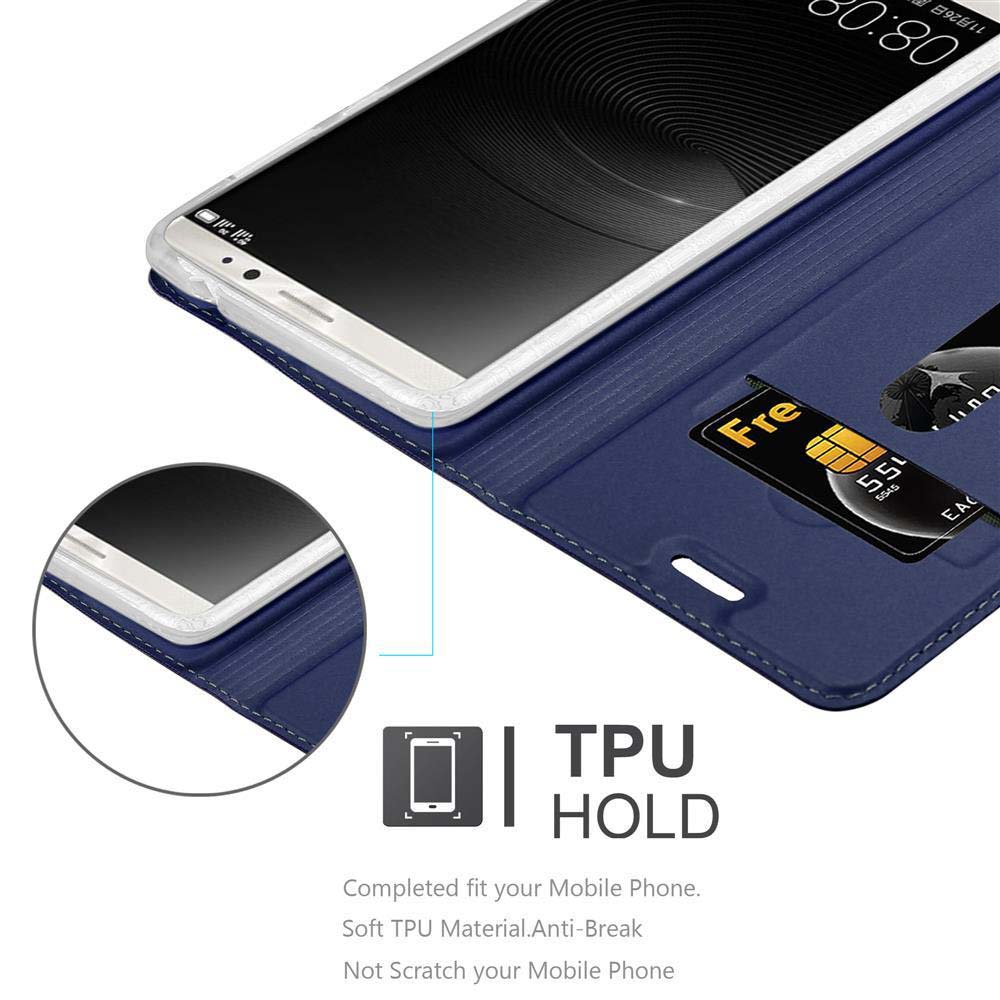 Un teléfono en una funda azul, con una tarjeta de crédito en la ranura. La funda está abierta, mostrando la pantalla.