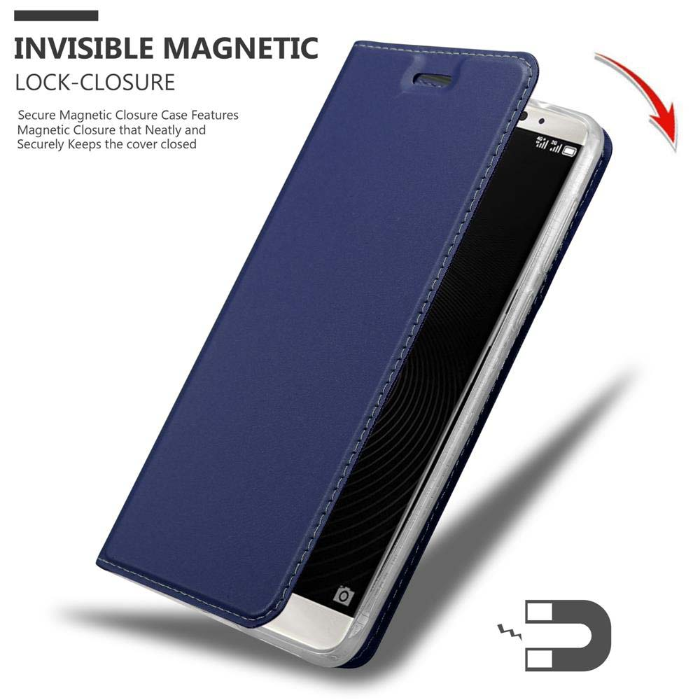 Funda de teléfono azul, abierta, con un icono de imán. Cierre magnético invisible.