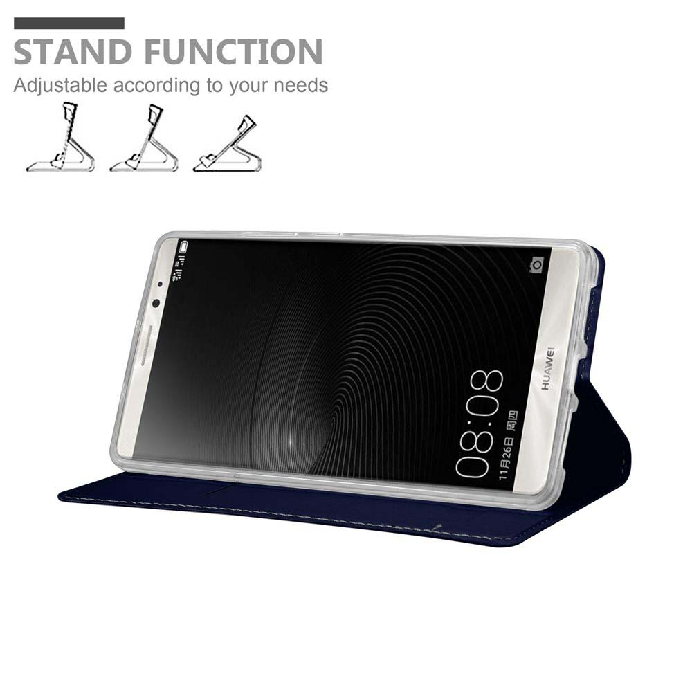Un teléfono blanco en una funda azul oscuro, con una función de soporte. La pantalla muestra un reloj.