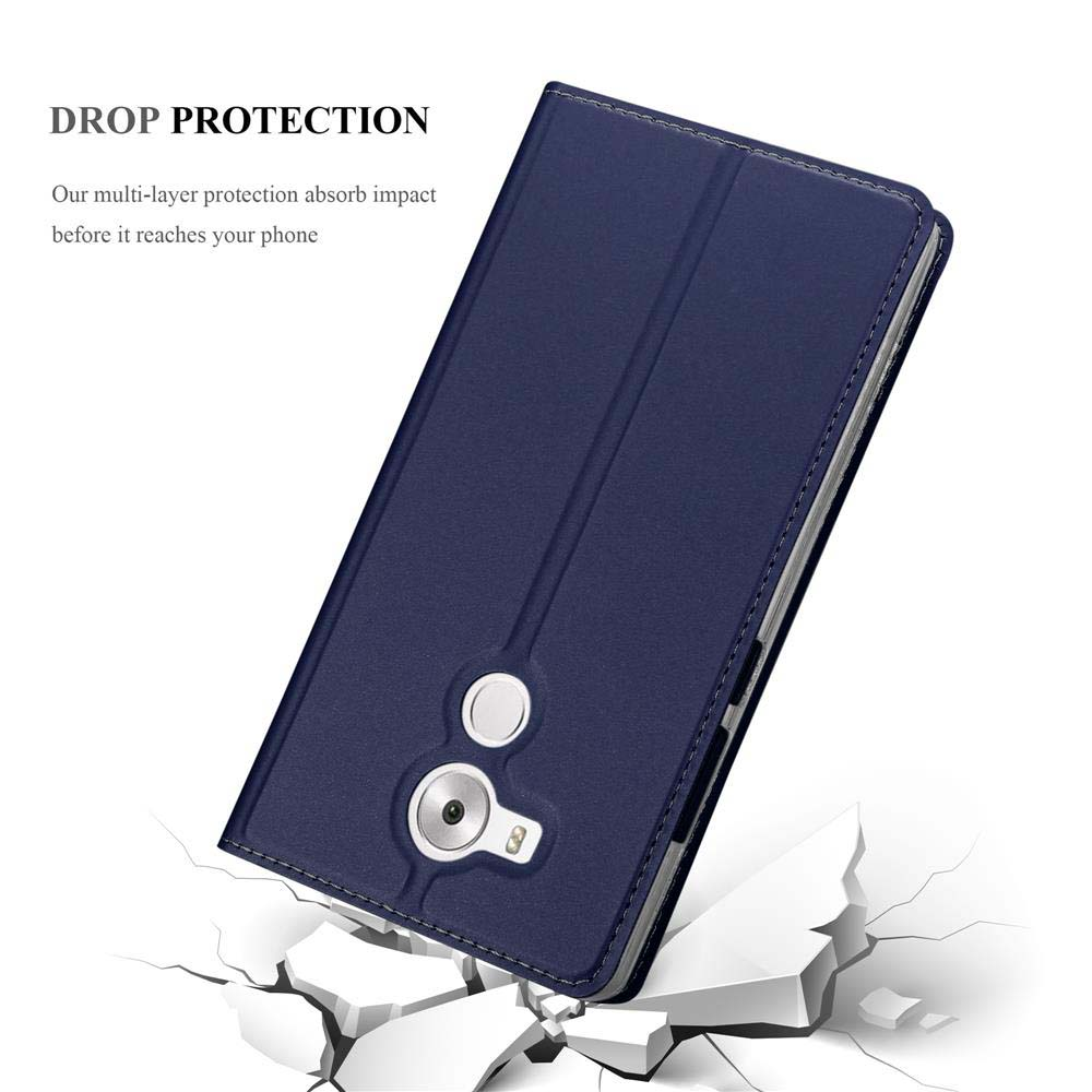 Funda azul para teléfono con un teléfono, suelo agrietado delante. El texto dice 'Drop Protection'.
