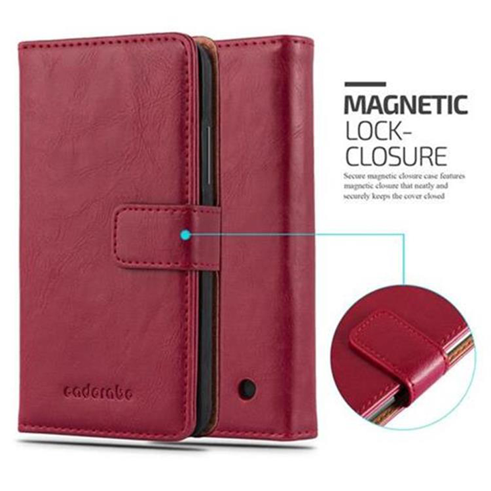 Custodia rossa per telefono a portafoglio, chiusa con chiusura magnetica. Include un primo piano della chiusura.