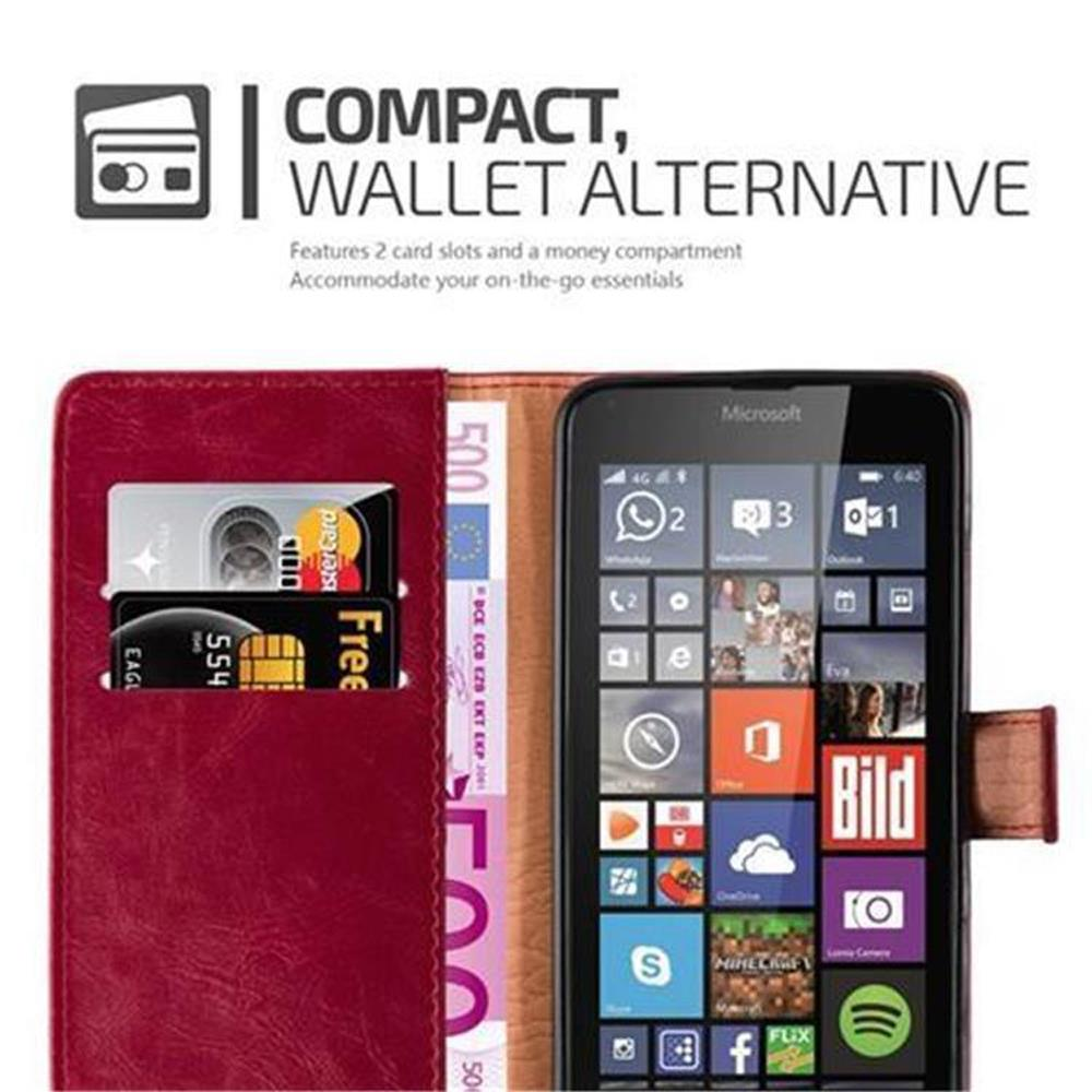Custodia rossa, aperta. Fessure per carte, scomparto per soldi e telefono con icone.