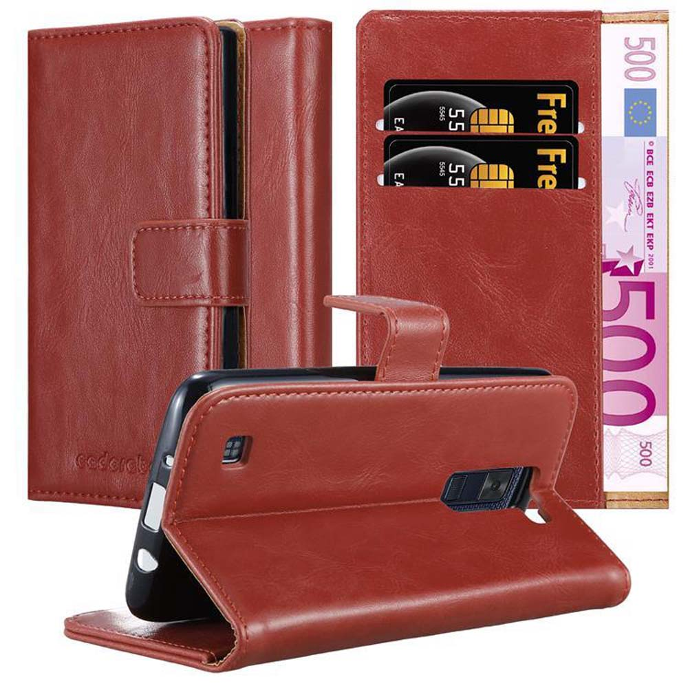 Funda de teléfono marrón con tarjetas de crédito y billetes de 500 euros. La funda está abierta, mostrando el contenido.