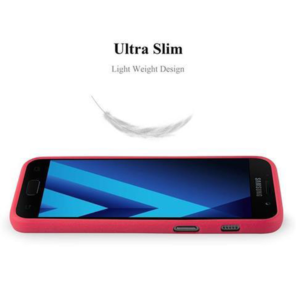 Custodia rossa per telefono con telefono dentro. Design ultra sottile, grafica a piuma.