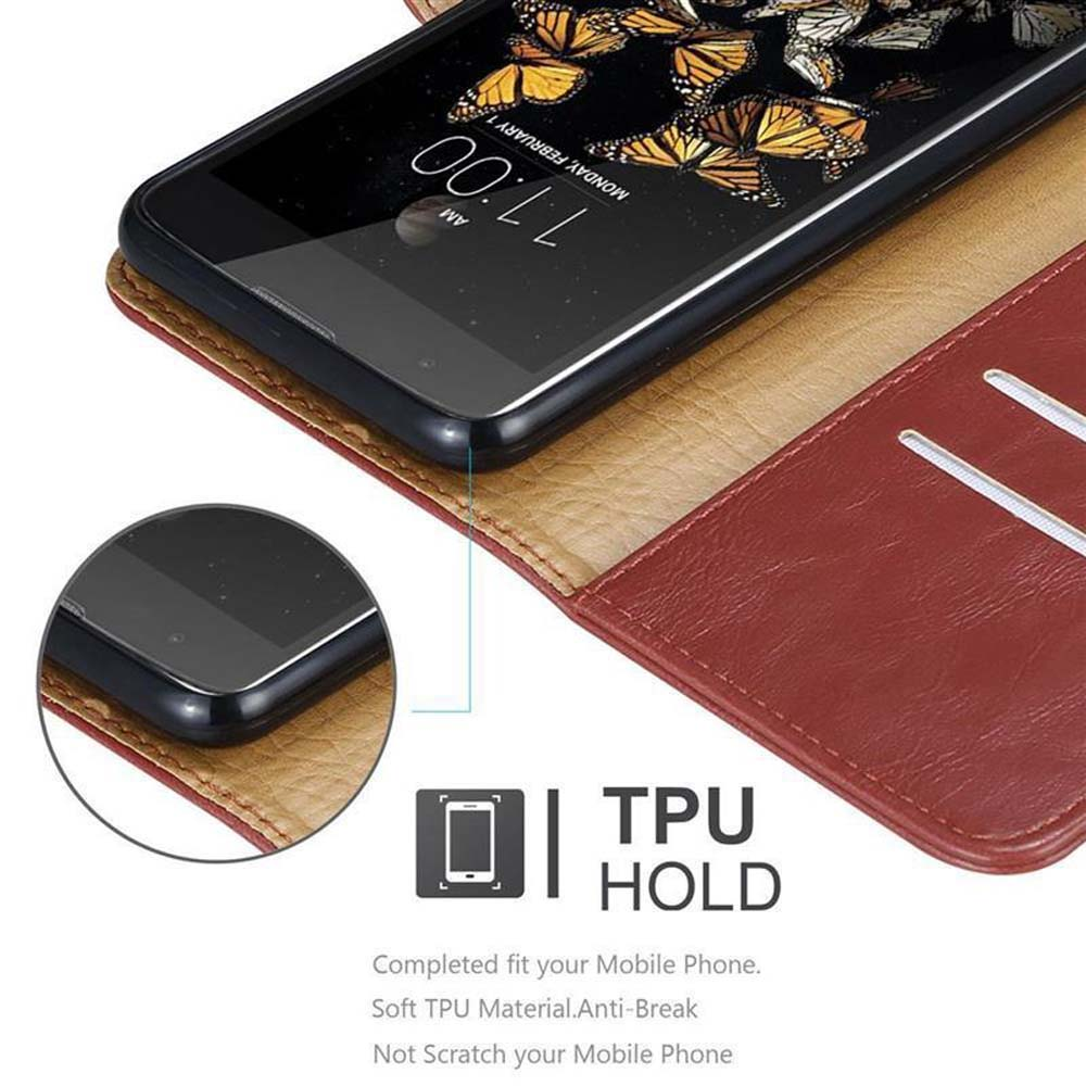 Teléfono en funda marrón, con pantalla de mariposas. Texto: soporte de TPU.