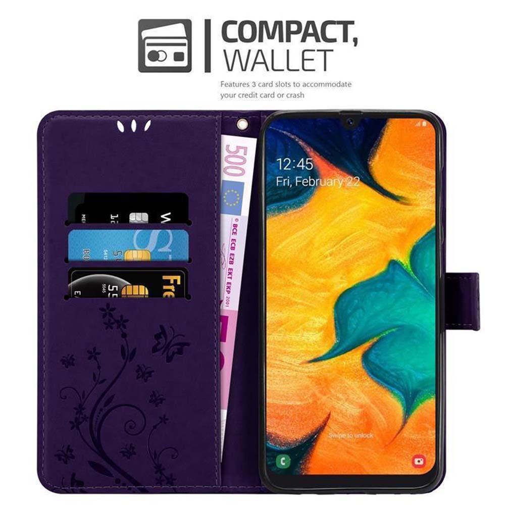 Custodia viola per telefono con scomparti per carte e denaro. Telefono nella custodia visibile. La custodia mostra l'ora. Portafoglio compatto.