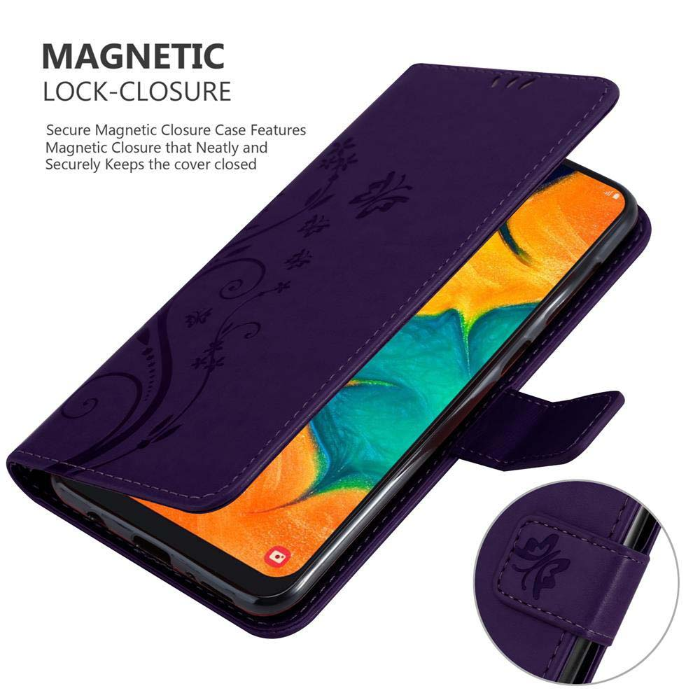 Custodia per telefono viola, aperta, con telefono all'interno, che mostra chiusura magnetica e design floreale.