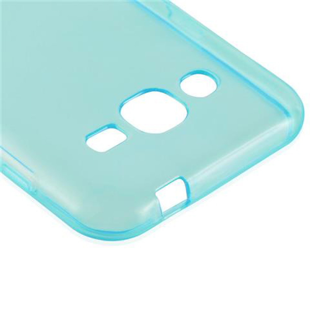 Una custodia per telefono blu trasparente, che mostra il retro con ritagli per la fotocamera, il flash e la porta di ricarica.