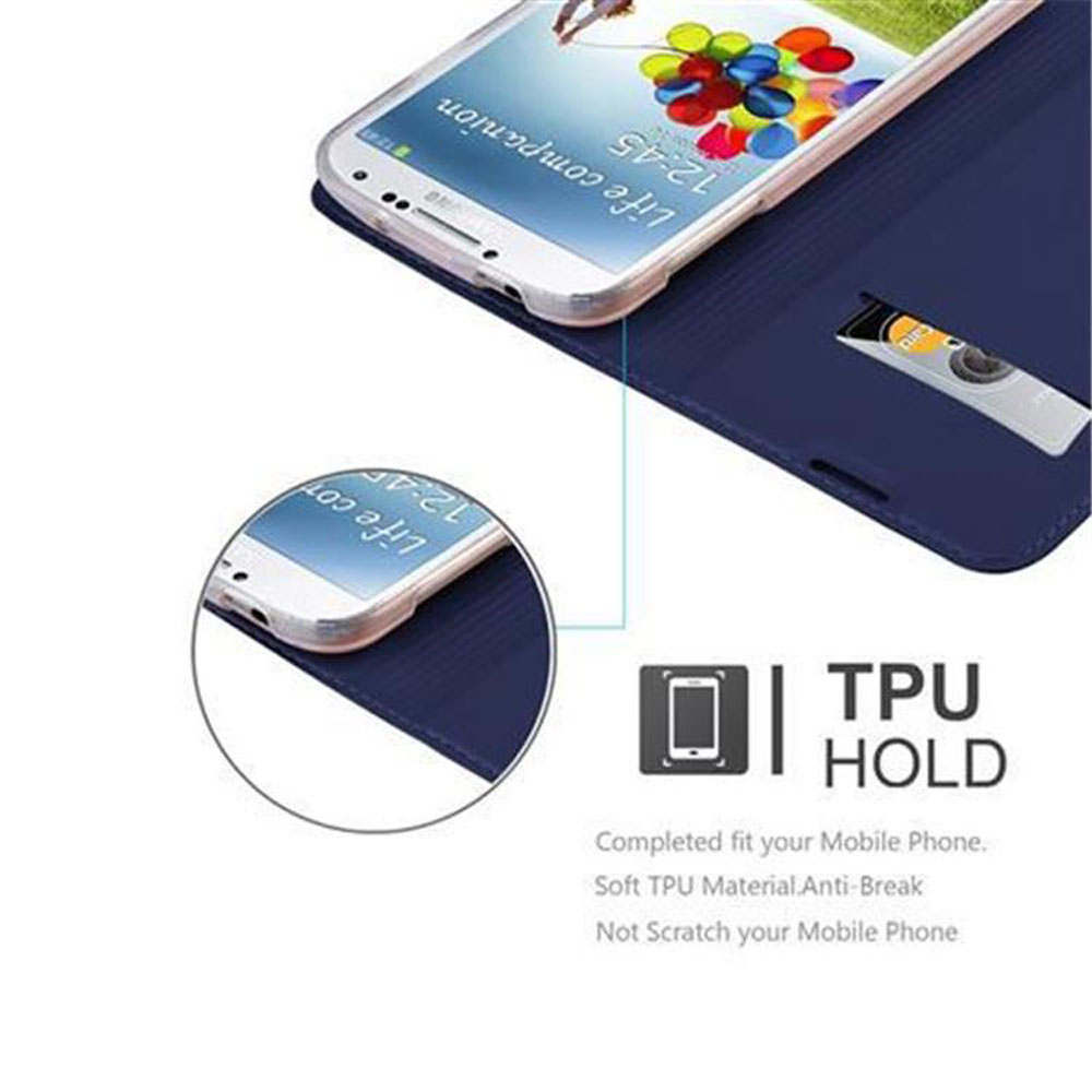 Ein Smartphone mit farbenfrohem Bildschirm in einer blauen Hülle. Ein Kreis zeigt den Rand des Telefons.