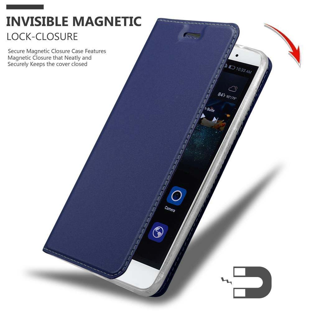 Una custodia blu per telefono è aperta e mostra il telefono. Un magnete è sul lato.