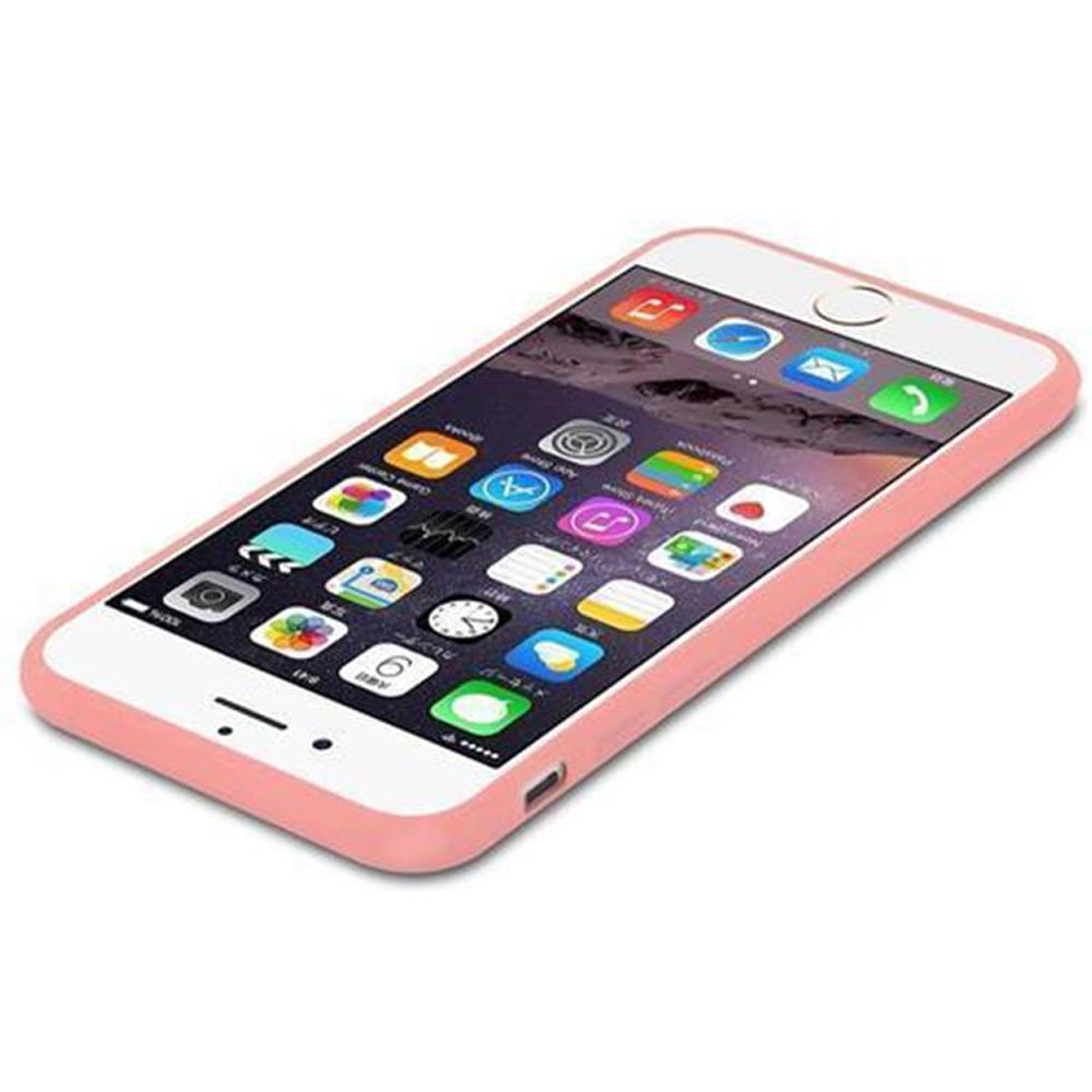 Un iPhone bianco con una custodia rosa. Il telefono mostra varie icone di app sullo schermo.