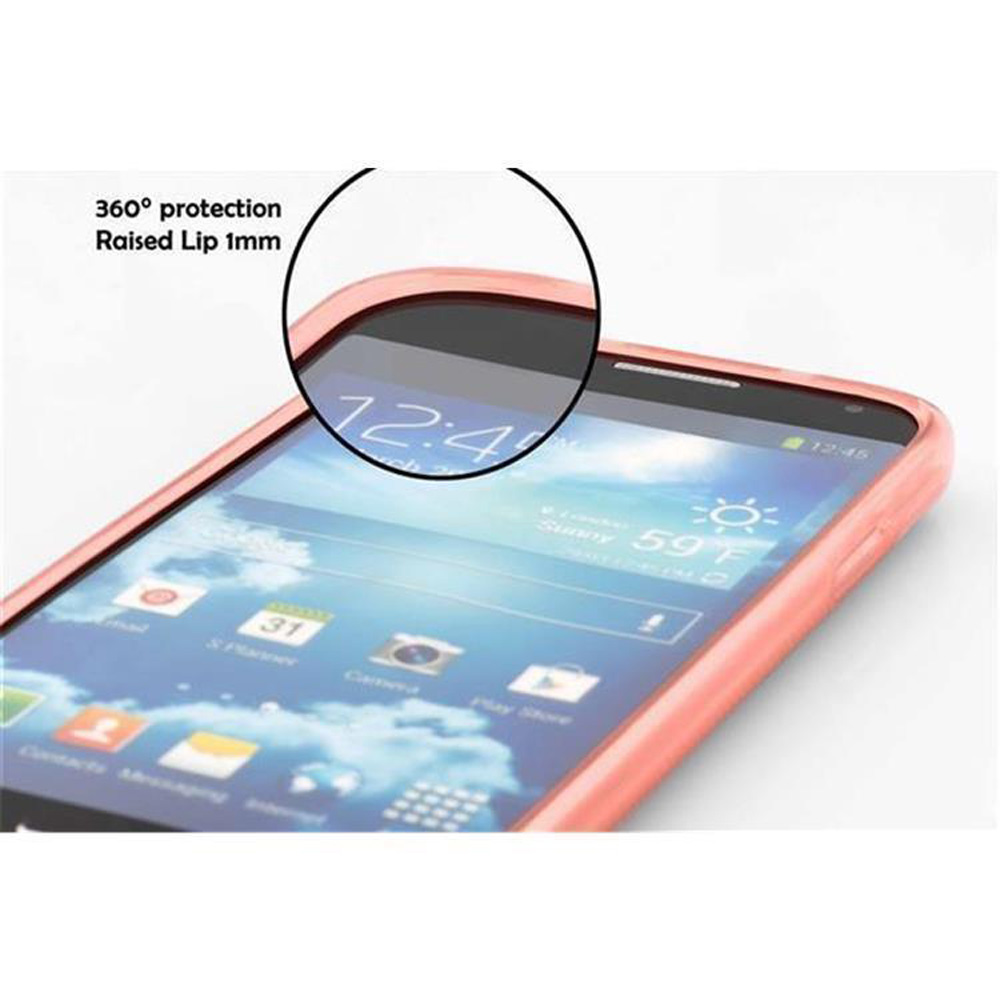 Custodia per telefono rosa con un telefono all'interno. Lo schermo del telefono è visibile. La custodia circonda il telefono.
