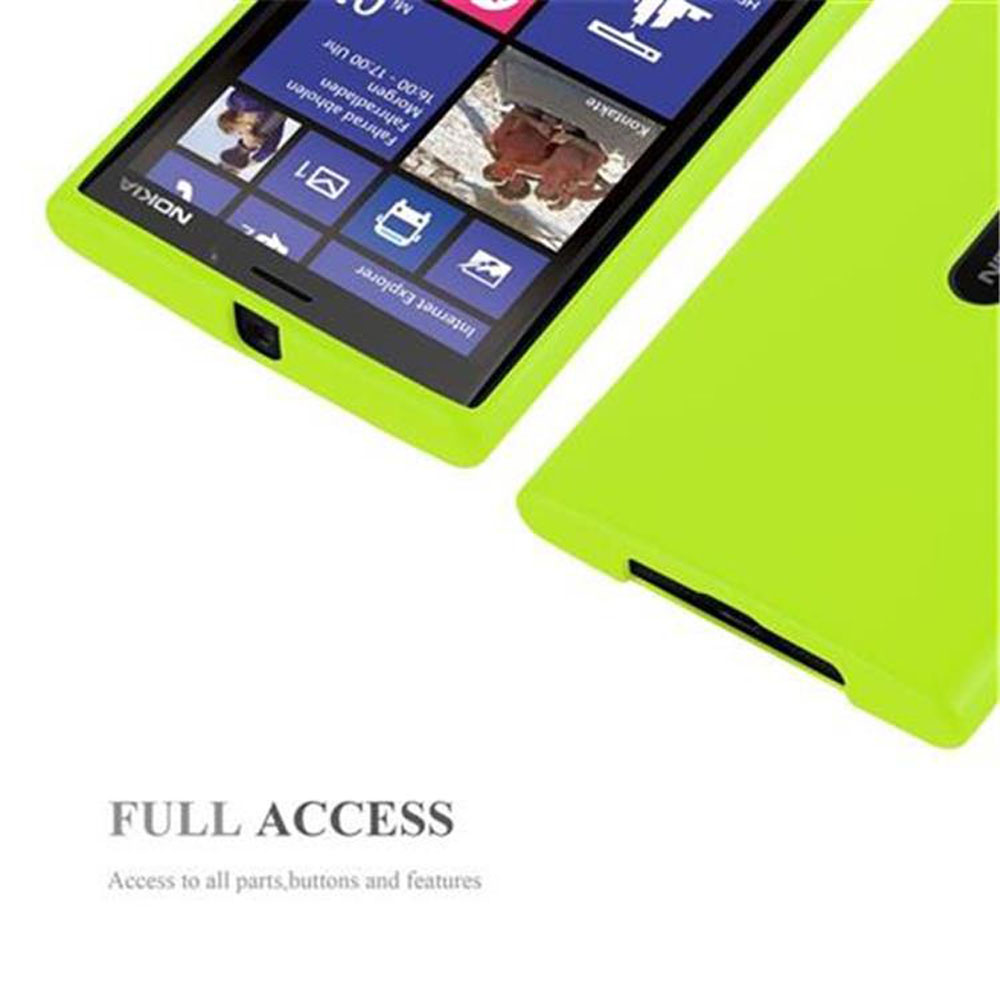 Due telefoni verde neon con touchscreen che mostrano app. Su una superficie bianca.