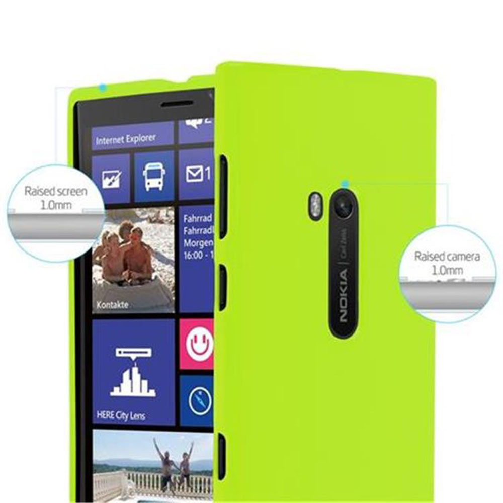 Una custodia verde per telefono con un telefono all'interno. Il testo dice schermo e fotocamera rialzati.