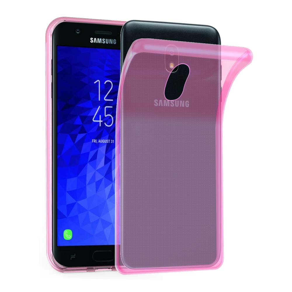 Un telefono Samsung nero con custodia rosa. Lo schermo mostra l'ora. Il telefono è su sfondo bianco.