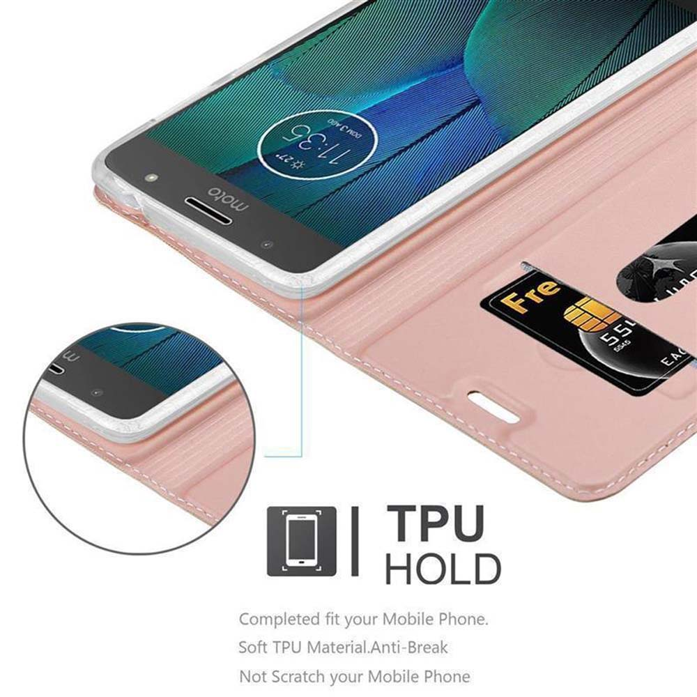 Una custodia per telefono rosa con telefono e carta di credito. Un cartello TPU HOLD è in basso.