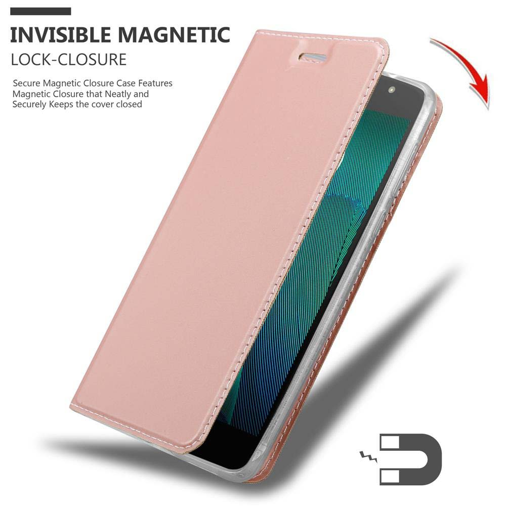 Custodia rosa con telefono all'interno. Ha chiusura magnetica invisibile. Viene mostrata un'icona a calamita.