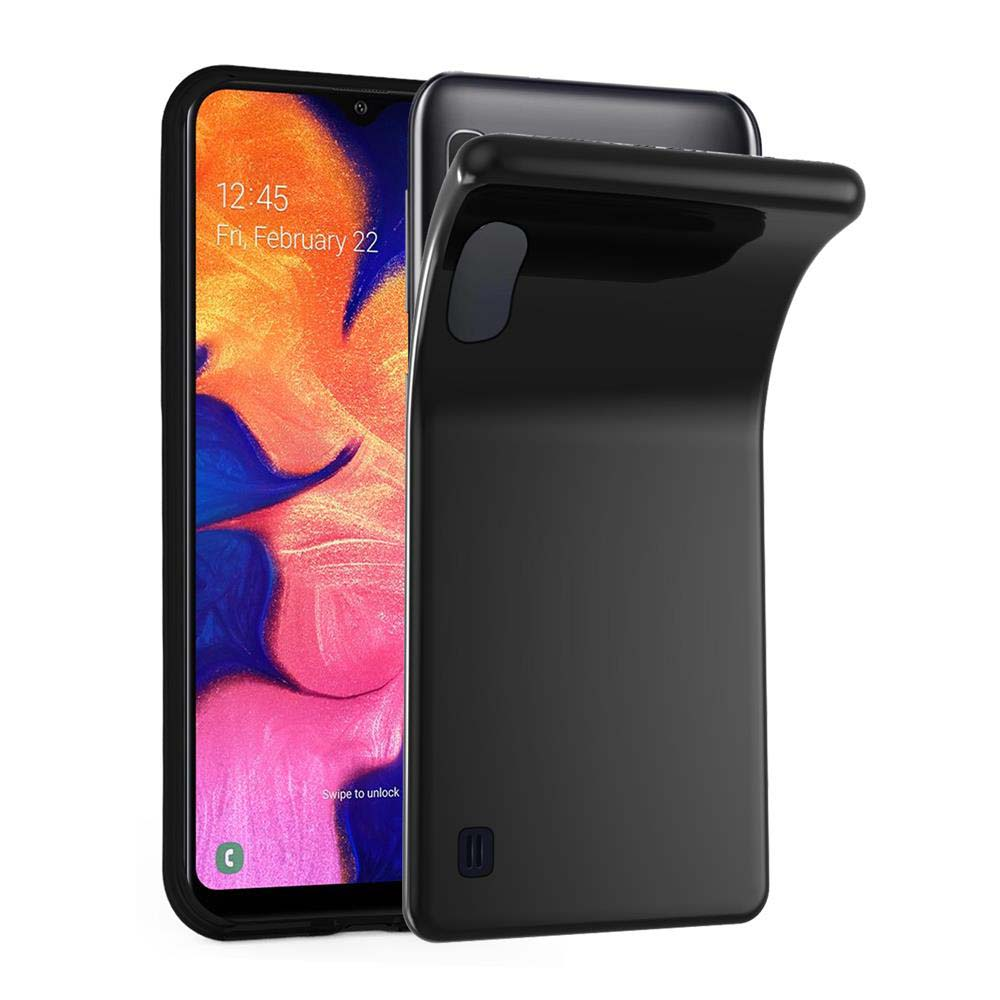 Schwarze Handyhülle und Telefon. Der Telefonbildschirm zeigt Zeit und Datum an und befindet sich auf der linken Seite.