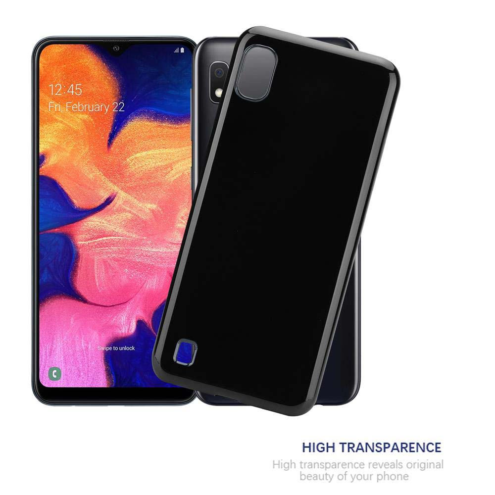 Schwarze Handyhülle auf einem Telefon, das den Bildschirm des Telefons zeigt. Text zeigt 'Hohe Transparenz'.