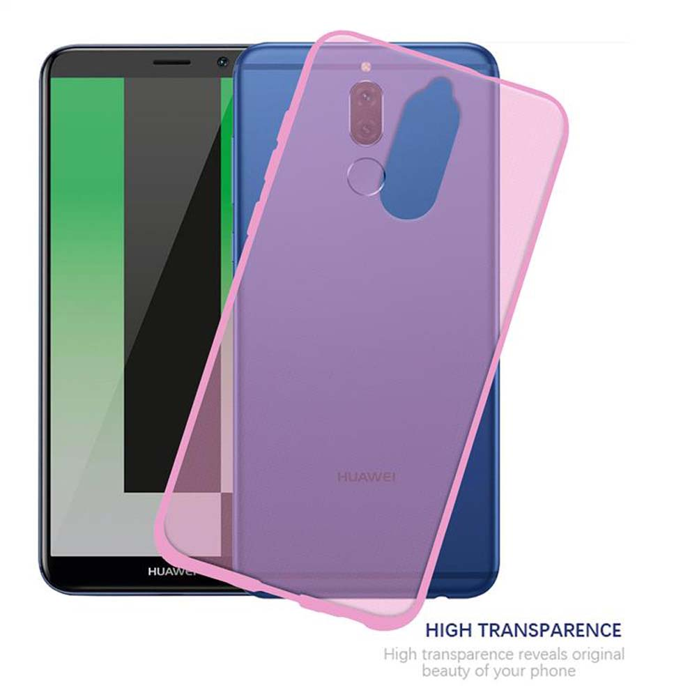 Custodia blu con bordo rosa su telefono blu, su sfondo bianco. Il testo dice 'Alta Trasparenza'.