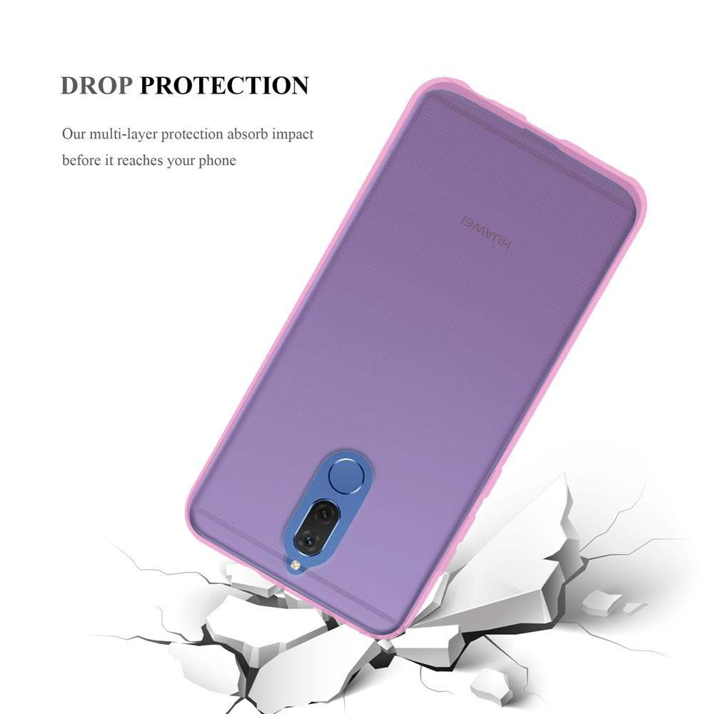 Una custodia viola con fotocamera rompe una superficie bianca, con testo: DROP PROTECTION.