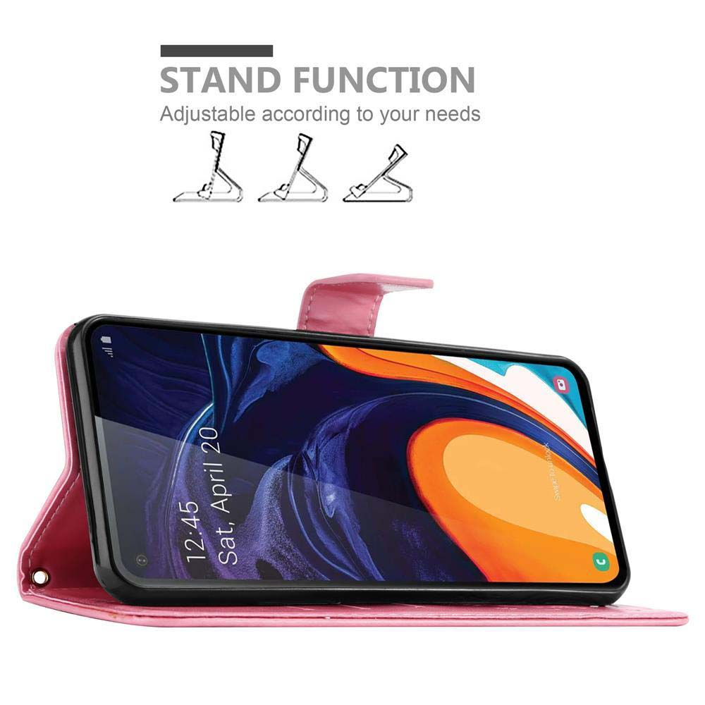 Custodia per telefono rosa con un telefono all'interno, il telefono mostra l'ora e la data con l'etichetta della funzione supporto.