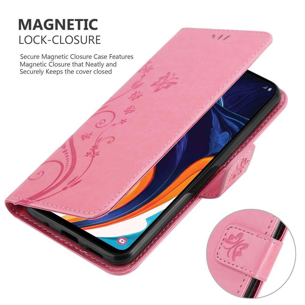 Custodia per telefono rosa aperta, che mostra un telefono all'interno. La custodia ha un design floreale e una chiusura magnetica.