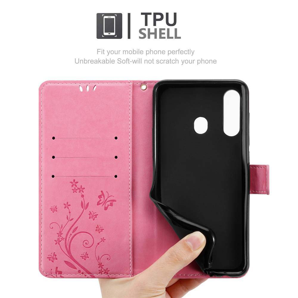 Custodia per telefono rosa con un telefono nero all'interno. La custodia ha un design floreale e fessure per carte.