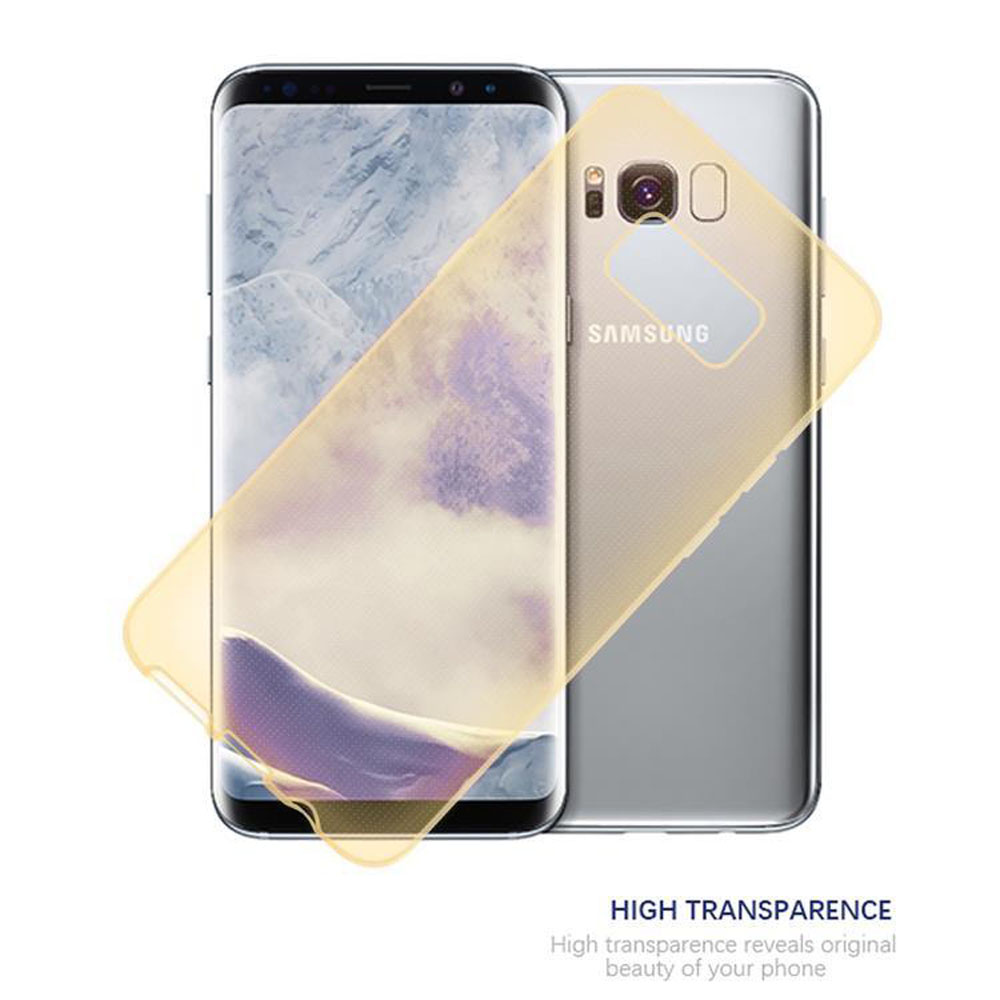 Ein Telefon mit einer hellgelben Hülle auf einem anderen Telefon. Text: 'High Transparency'.