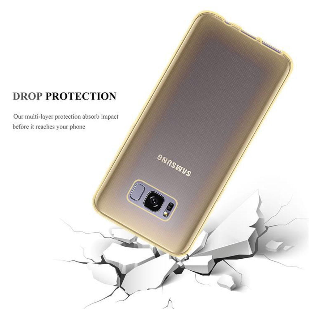 Goldene Handyhülle mit Telefon. Es fällt auf zerbrochenen Boden und schützt vor Stürzen.