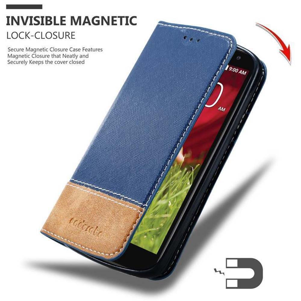 Custodia per telefono blu e marrone. Testo: Chiusura magnetica invisibile. Grafica del magnete.