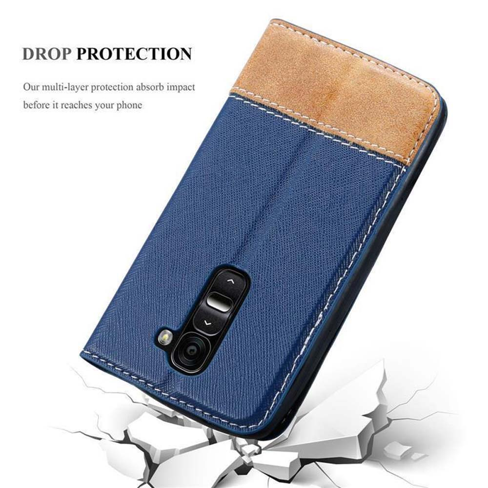 Custodia per telefono blu e marrone. Testo 'DROP PROTECTION'.
