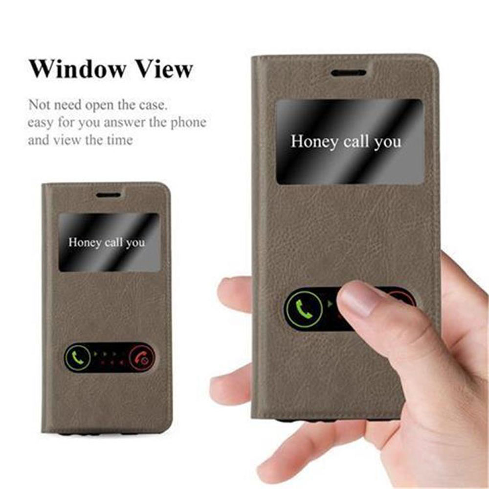 Custodia per telefono marrone, aperta, con finestra. Honey ti chiama. Vista finestra.