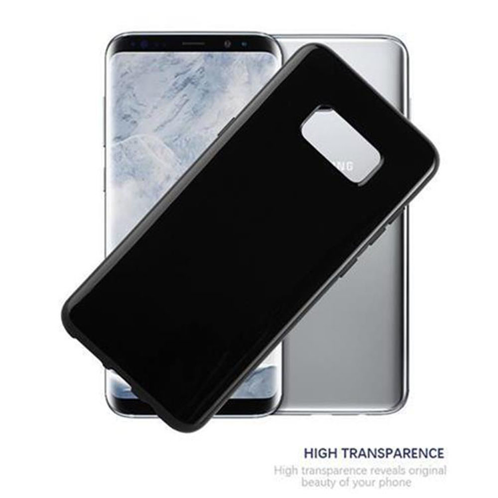 Schwarze Handyhülle über einem silbernen Telefon. Hohe Transparenz wird beworben. Telefon in der Hülle sichtbar.