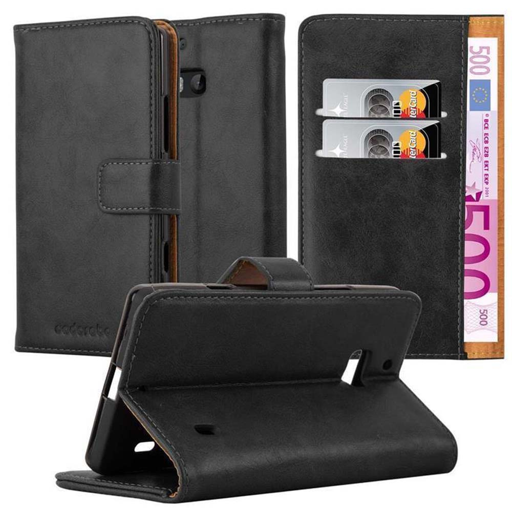 Múltiples fundas negras para teléfono, con teléfonos dentro y tarjetas, sobre fondo blanco.