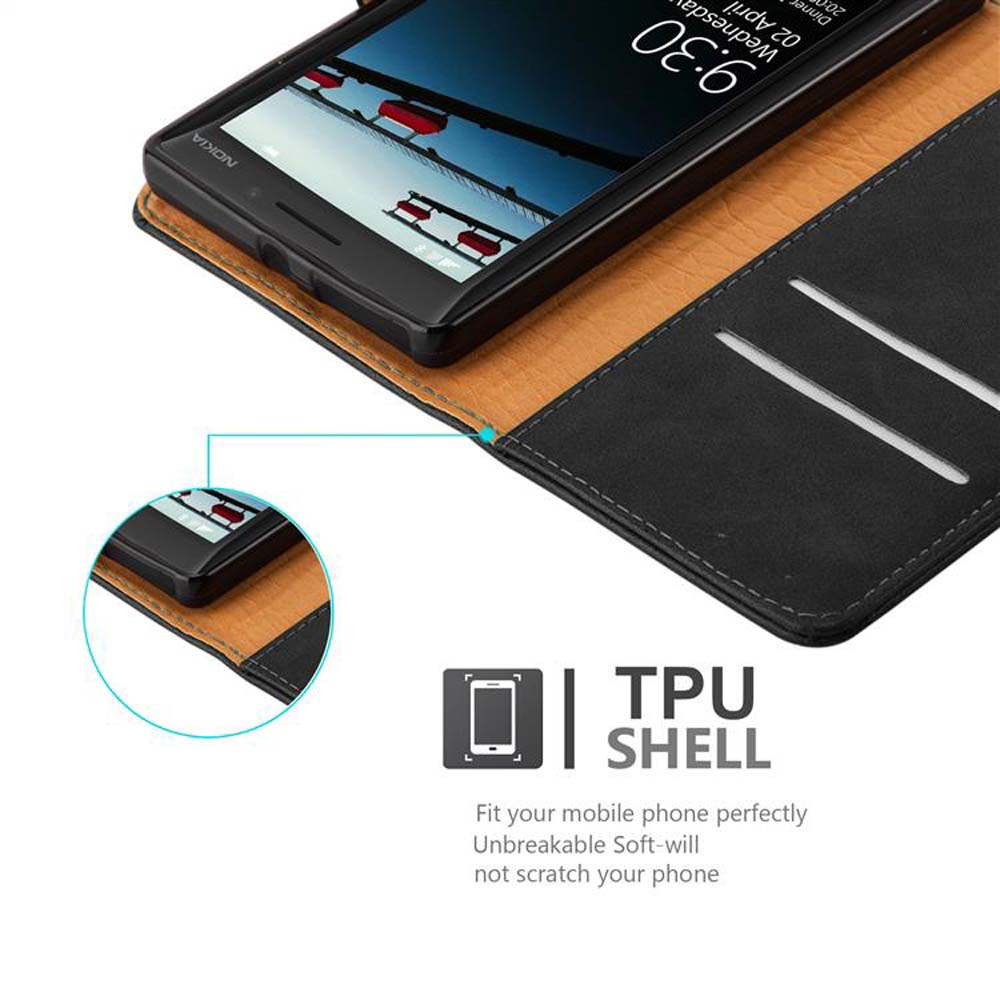 Teléfono negro en funda negra y marrón. La pantalla muestra la hora: 9:30. El teléfono está abierto.