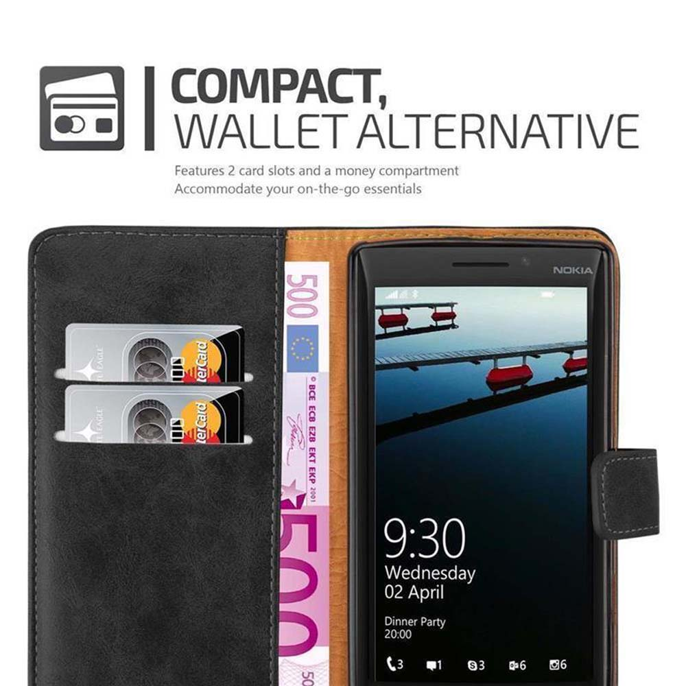 Funda para teléfono con ranuras para tarjetas y compartimento para dinero. Texto: Compacto, alternativa.