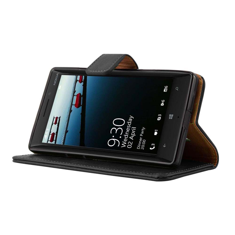 Un teléfono Nokia en una funda negra. El teléfono está abierto y muestra una pantalla.