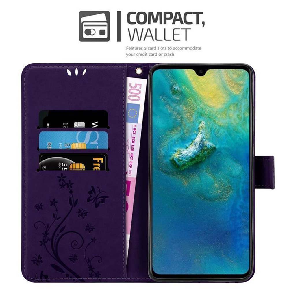 Custodia per telefono viola con slot per carte e scomparto per banconote. Schermo del telefono visibile.