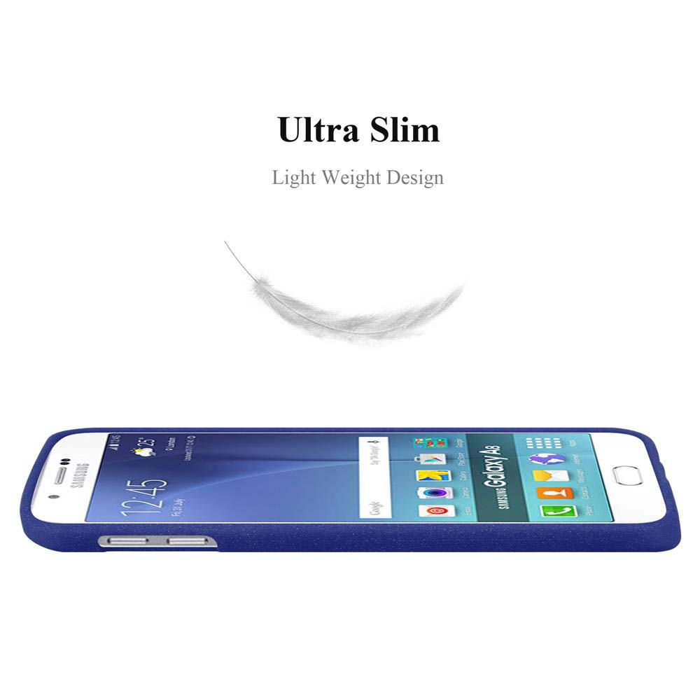 Custodia blu per telefono con un telefono bianco all'interno e una grafica a piuma sopra.