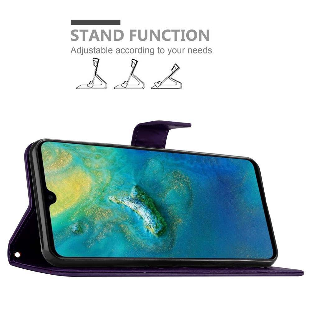 Un telefono in una custodia che si apre a un supporto. Schermo del telefono visibile. Il testo dice: Funzione stand.