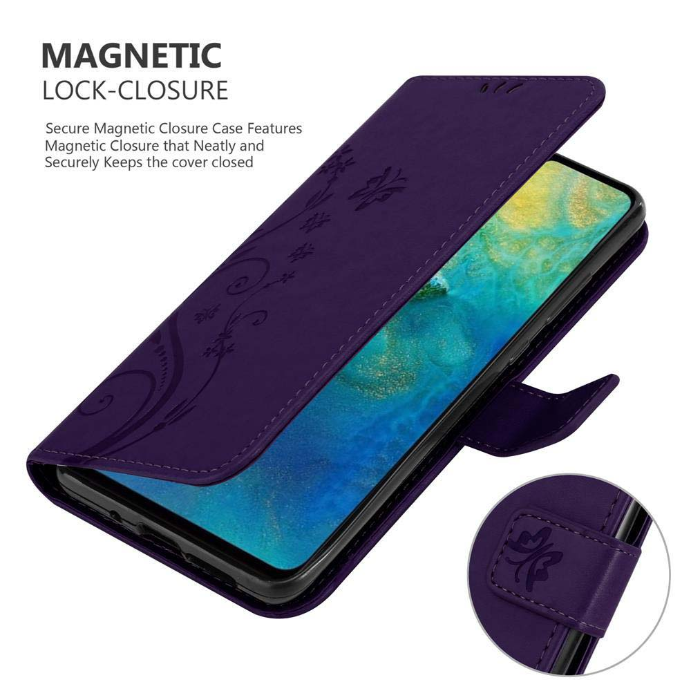 Una custodia per telefono viola con un motivo floreale è aperta. Il telefono all'interno è visibile. Ha una chiusura magnetica.