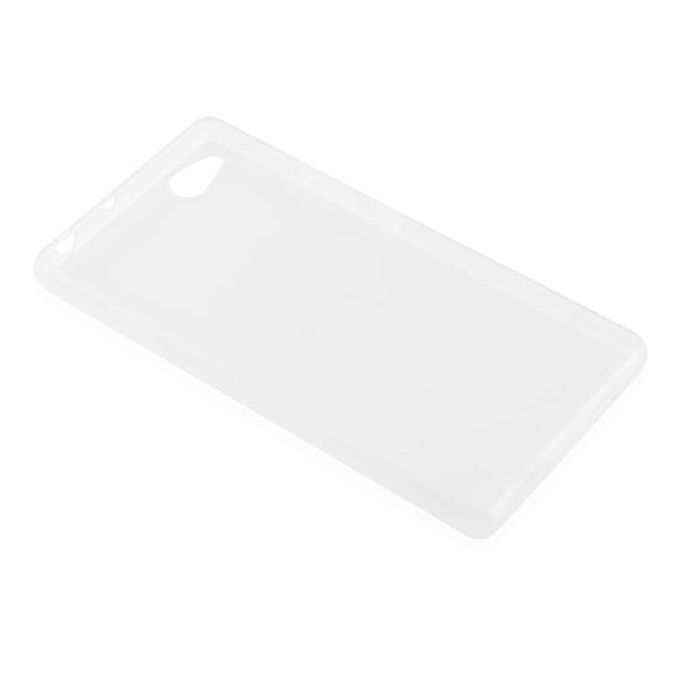 Una funda transparente para teléfono sobre un fondo blanco. La funda es transparente y rectangular.