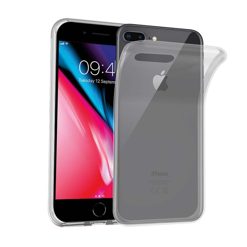Un iPhone nero con una custodia trasparente, che mostra il telefono e la custodia.