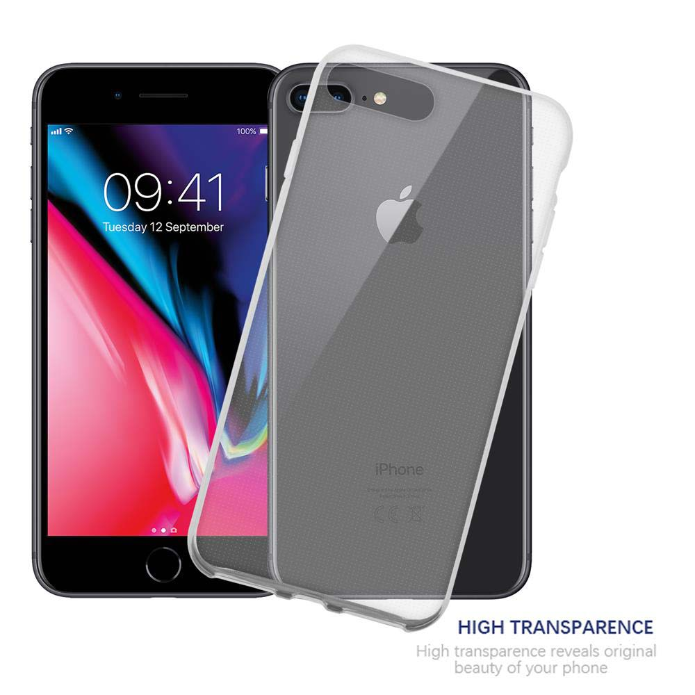 iPhone e una custodia trasparente. Testo: Alta trasparenza. La custodia è trasparente.